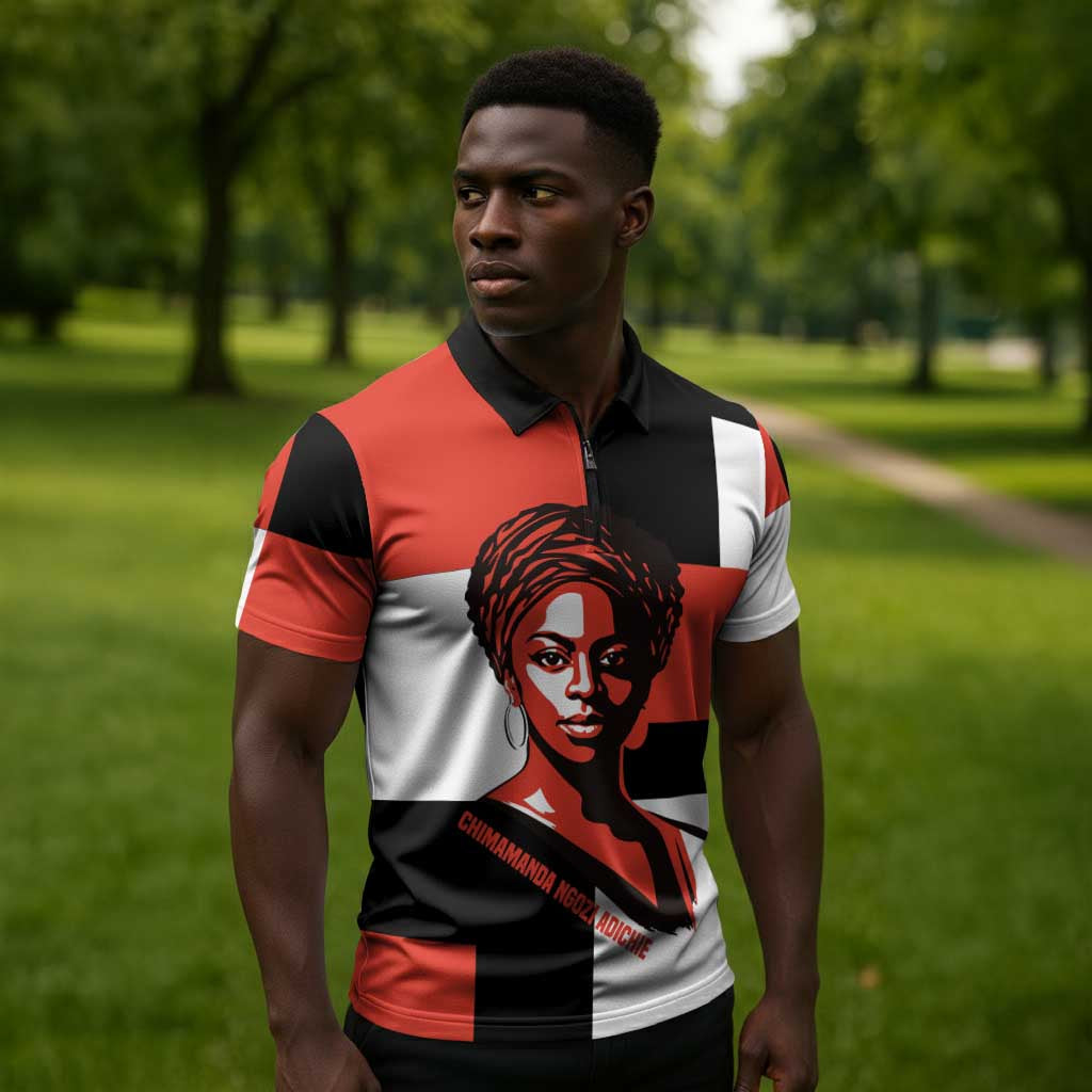 Chimamanda Ngozi Adichie Zipper Polo Shirt with Bold Red Portrait, We Should All Be Feminists Quote - African Pride