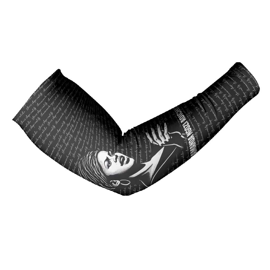 Chimamanda Ngozi Adichie Arm Sleeves with Expressive Speaking Portrait, Stories Shape Reality - African Pride