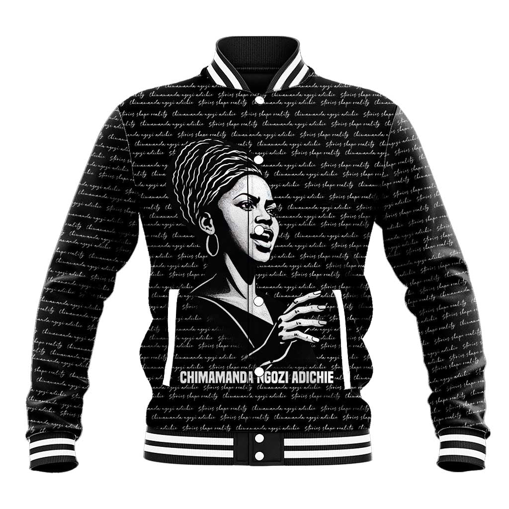 Chimamanda Ngozi Adichie Baseball Jacket with Expressive Speaking Portrait, Stories Shape Reality - African Pride