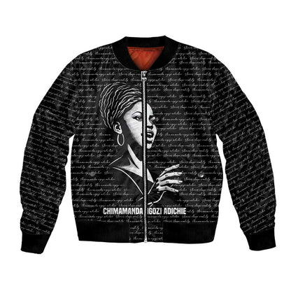 Chimamanda Ngozi Adichie Bomber Jacket with Expressive Speaking Portrait, Stories Shape Reality - African Pride