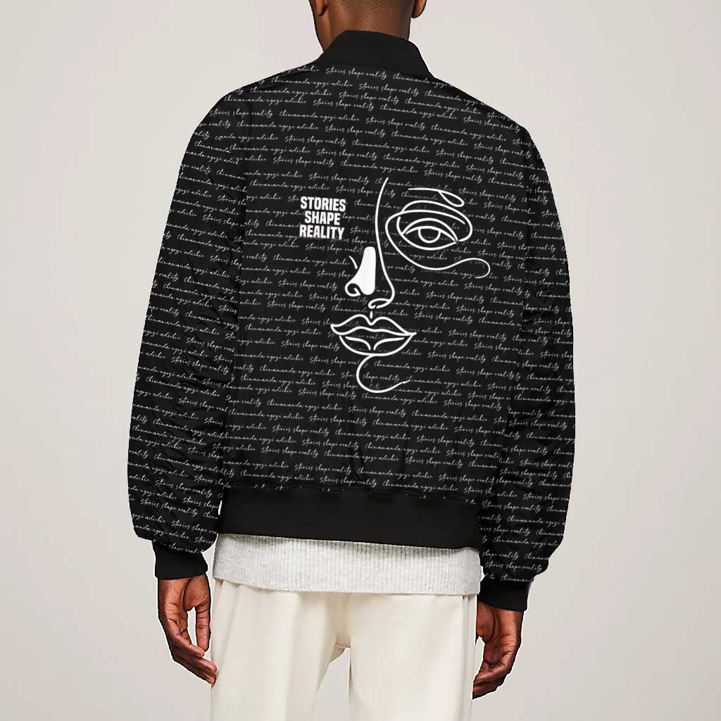 Chimamanda Ngozi Adichie Bomber Jacket with Expressive Speaking Portrait, Stories Shape Reality - African Pride
