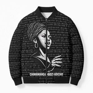 Chimamanda Ngozi Adichie Bomber Puffer Jacket with Expressive Speaking Portrait, Stories Shape Reality - African Pride