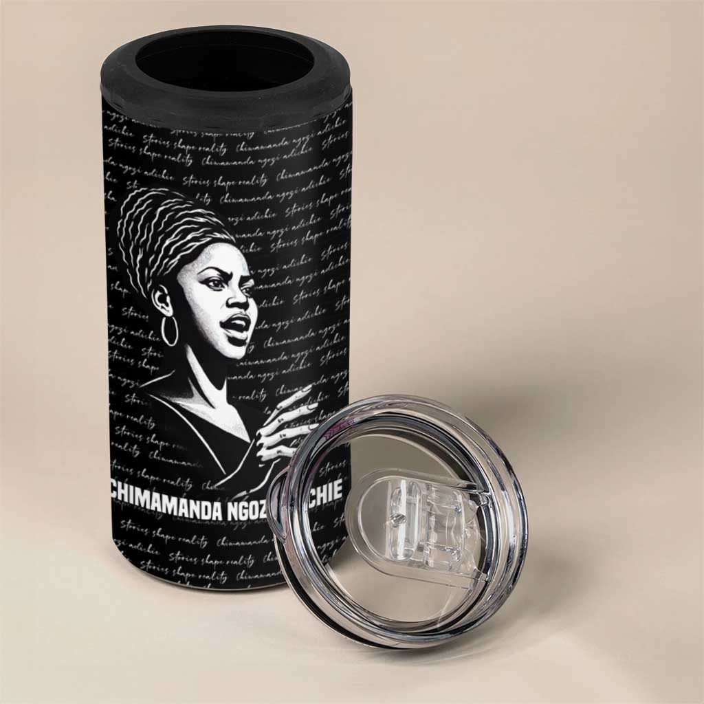 Chimamanda Ngozi Adichie 4 in 1 Can Cooler Tumbler with Expressive Speaking Portrait, Stories Shape Reality - African Pride