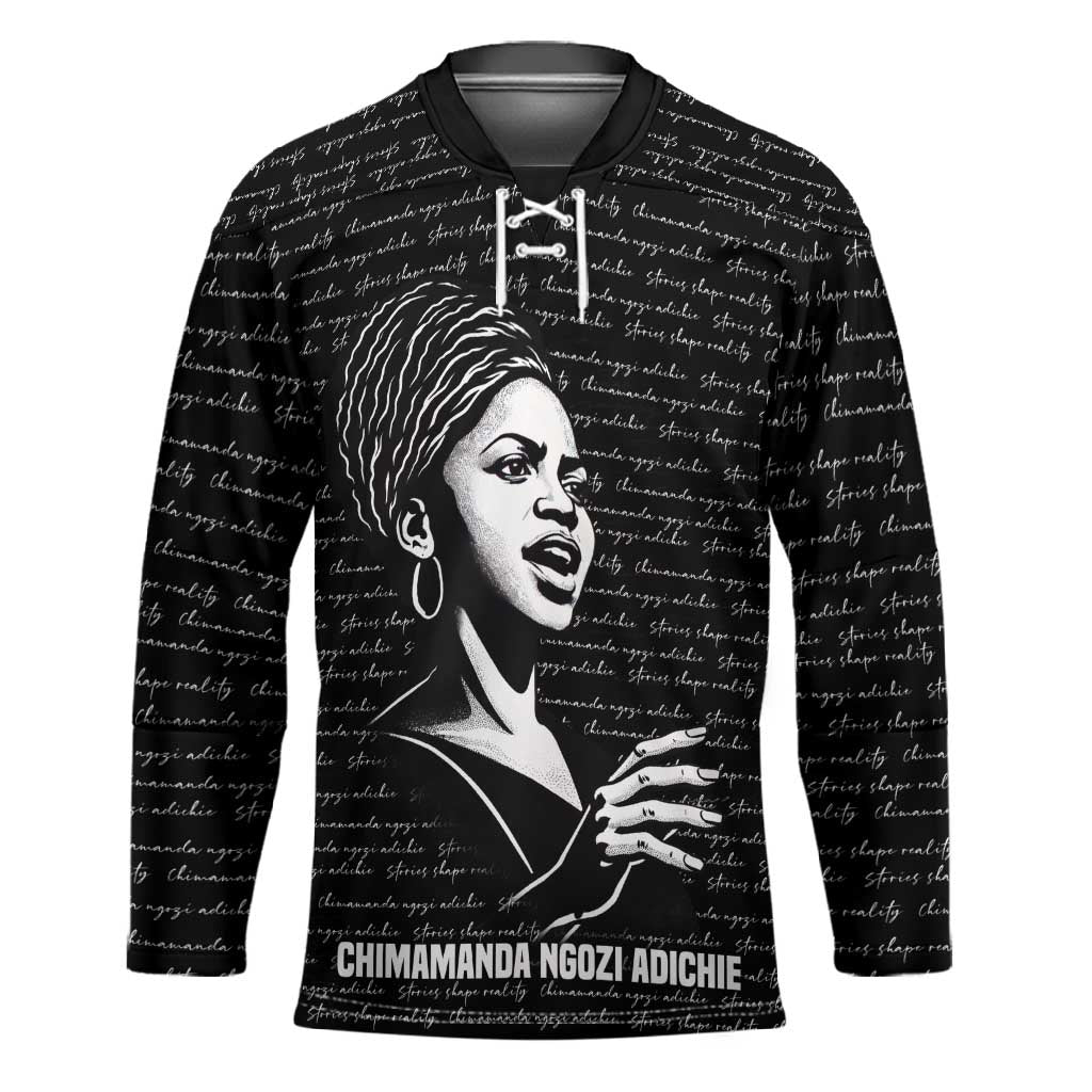 Chimamanda Ngozi Adichie Hockey Jersey with Expressive Speaking Portrait, Stories Shape Reality - African Pride