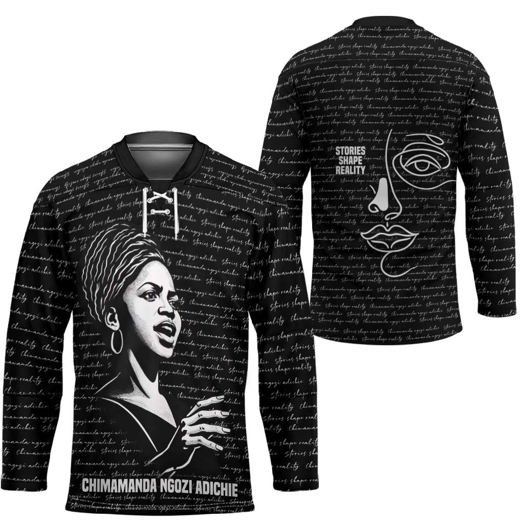 Chimamanda Ngozi Adichie Hockey Jersey with Expressive Speaking Portrait, Stories Shape Reality - African Pride