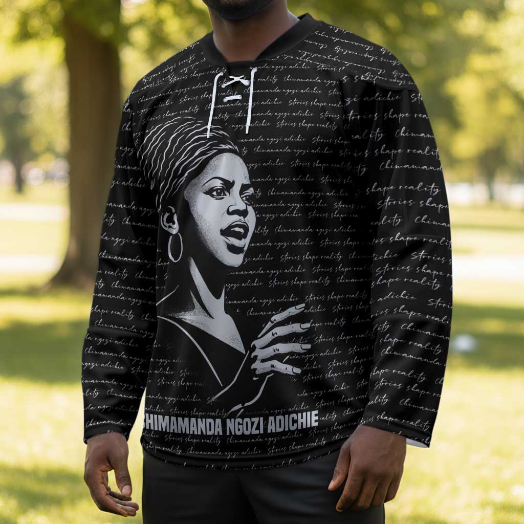 Chimamanda Ngozi Adichie Hockey Jersey with Expressive Speaking Portrait, Stories Shape Reality - African Pride