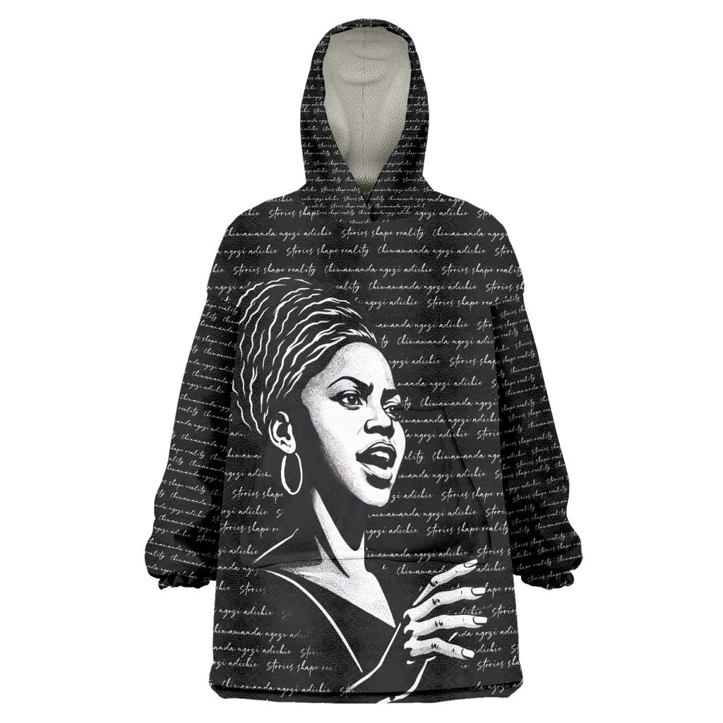 Chimamanda Ngozi Adichie Kid Wearable Blanket Hoodie with Expressive Speaking Portrait, Stories Shape Reality - African Pride