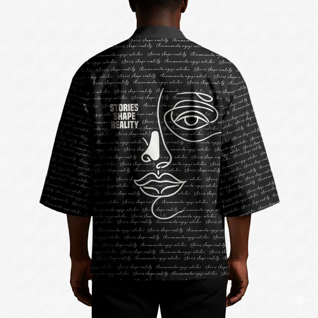 Chimamanda Ngozi Adichie Kimono with Expressive Speaking Portrait, Stories Shape Reality - African Pride