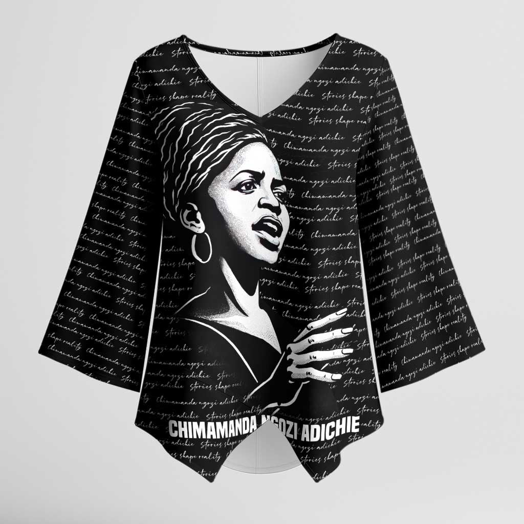 Chimamanda Ngozi Adichie Kimono Sleeve Blouse with Expressive Speaking Portrait, Stories Shape Reality - African Pride