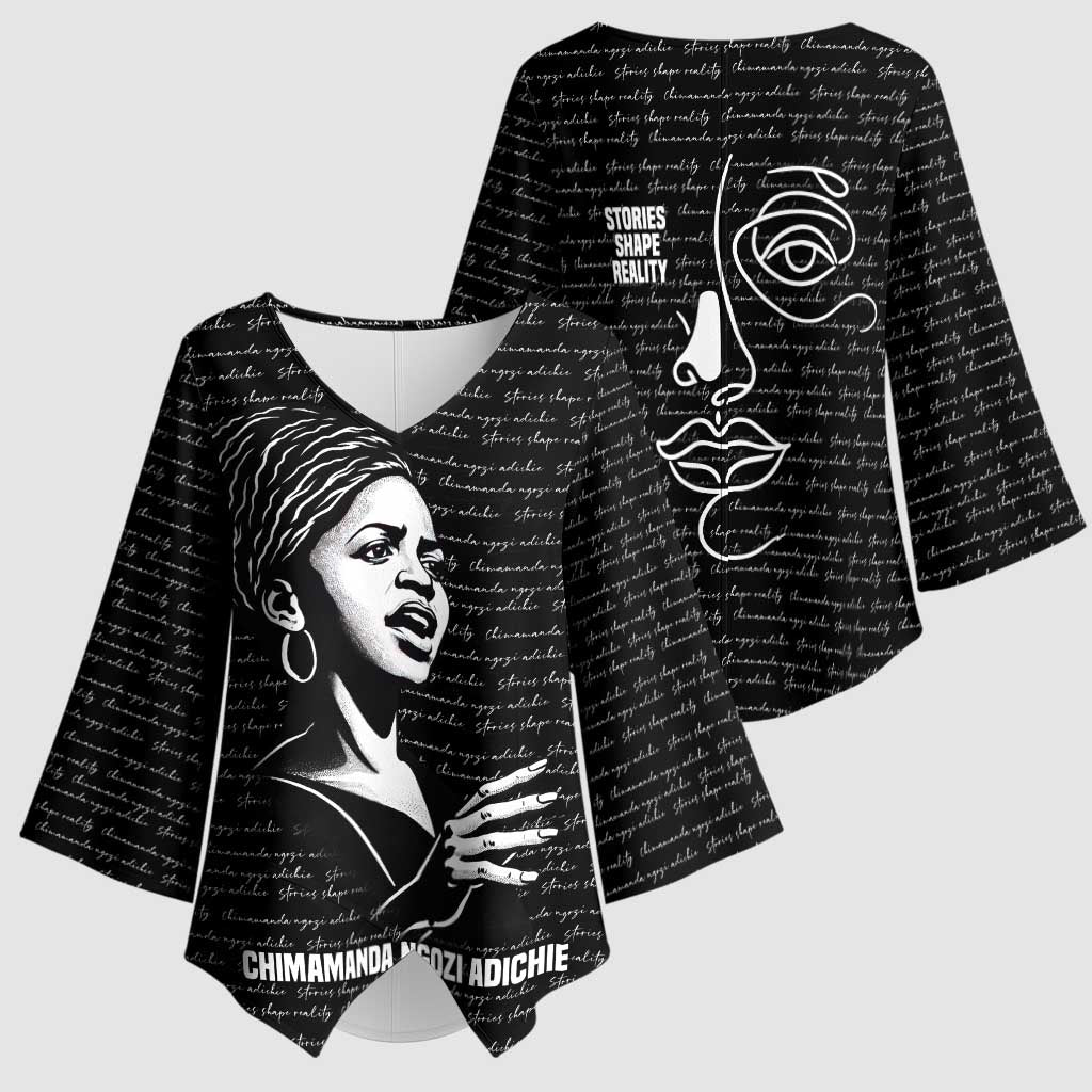 Chimamanda Ngozi Adichie Kimono Sleeve Blouse with Expressive Speaking Portrait, Stories Shape Reality - African Pride