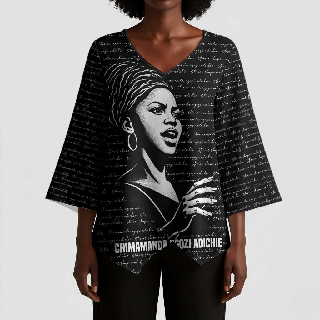 Chimamanda Ngozi Adichie Kimono Sleeve Blouse with Expressive Speaking Portrait, Stories Shape Reality - African Pride