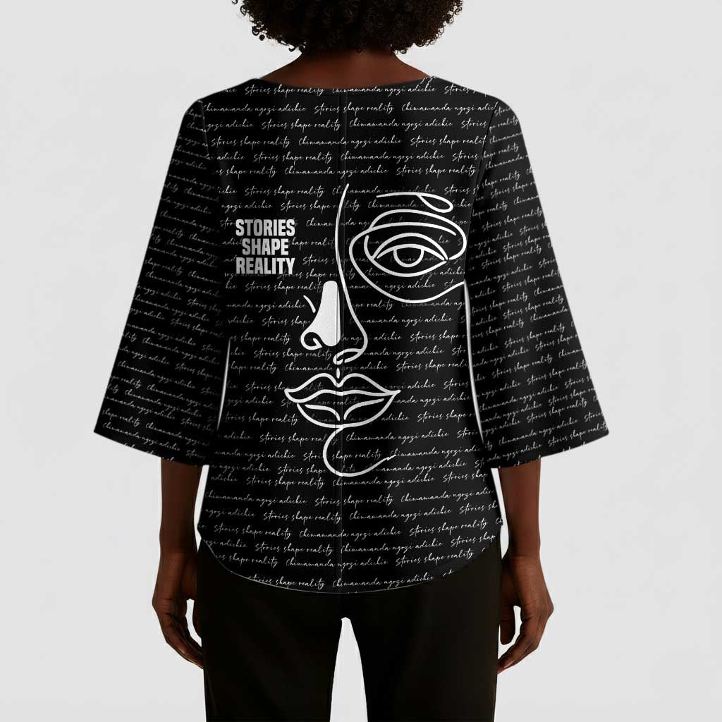 Chimamanda Ngozi Adichie Kimono Sleeve Blouse with Expressive Speaking Portrait, Stories Shape Reality - African Pride