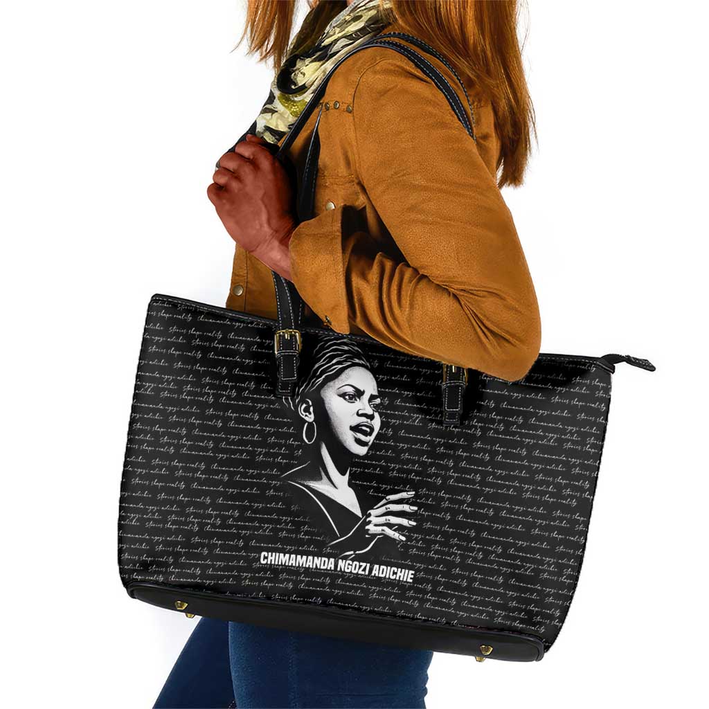 Chimamanda Ngozi Adichie Leather Tote Bag with Expressive Speaking Portrait, Stories Shape Reality - African Pride