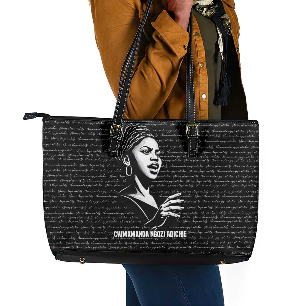Chimamanda Ngozi Adichie Leather Tote Bag with Expressive Speaking Portrait, Stories Shape Reality - African Pride