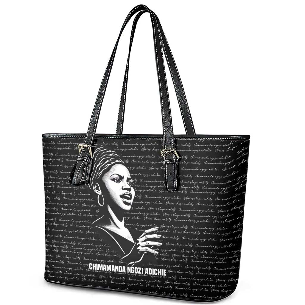 Chimamanda Ngozi Adichie Leather Tote Bag with Expressive Speaking Portrait, Stories Shape Reality - African Pride