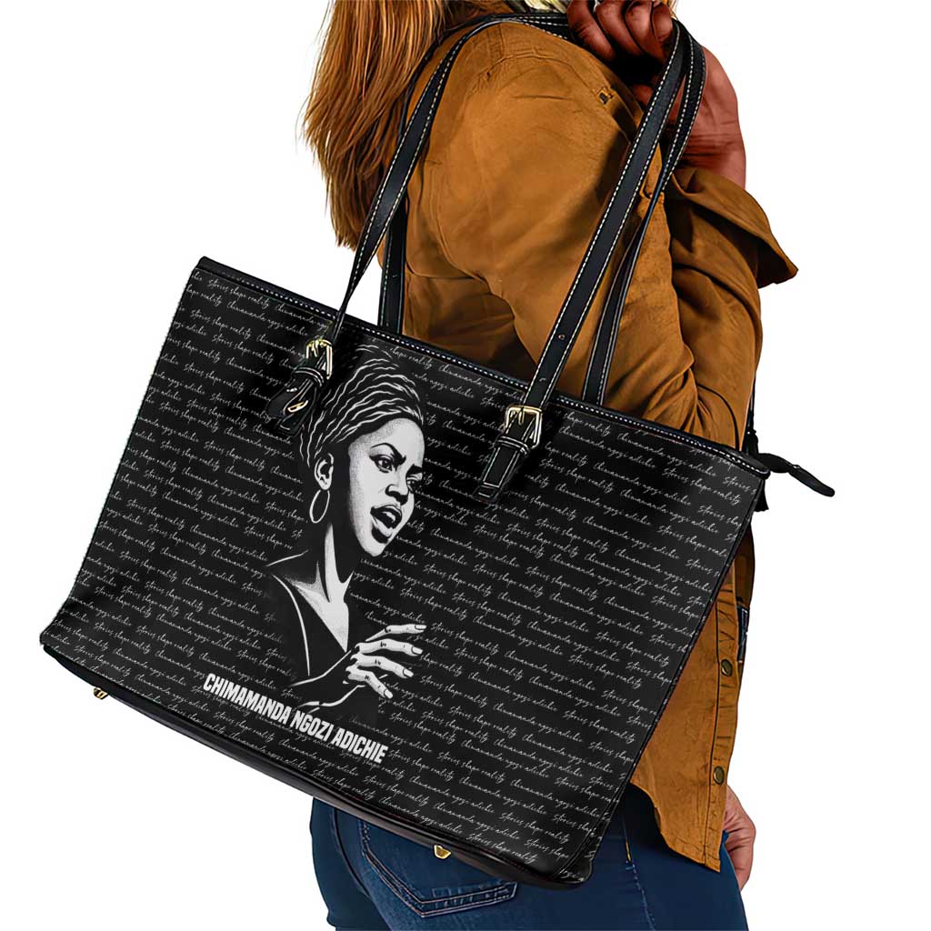 Chimamanda Ngozi Adichie Leather Tote Bag with Expressive Speaking Portrait, Stories Shape Reality - African Pride