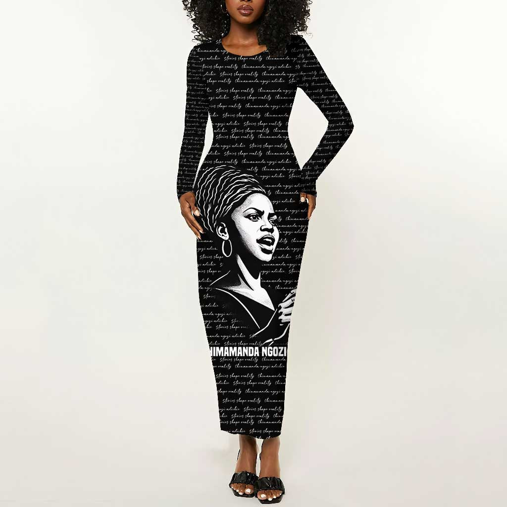 Chimamanda Ngozi Adichie Long Sleeve Bodycon Dress with Expressive Speaking Portrait, Stories Shape Reality - African Pride