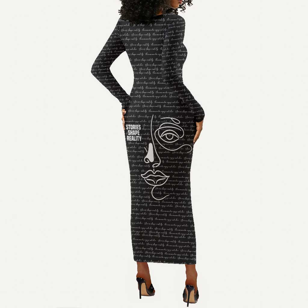 Chimamanda Ngozi Adichie Long Sleeve Bodycon Dress with Expressive Speaking Portrait, Stories Shape Reality - African Pride