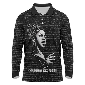 Chimamanda Ngozi Adichie Long Sleeve Polo Shirt with Expressive Speaking Portrait, Stories Shape Reality - African Pride