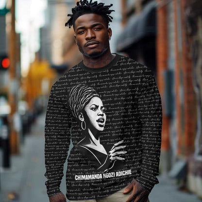 Chimamanda Ngozi Adichie Long Sleeve Shirt with Expressive Speaking Portrait, Stories Shape Reality - African Pride