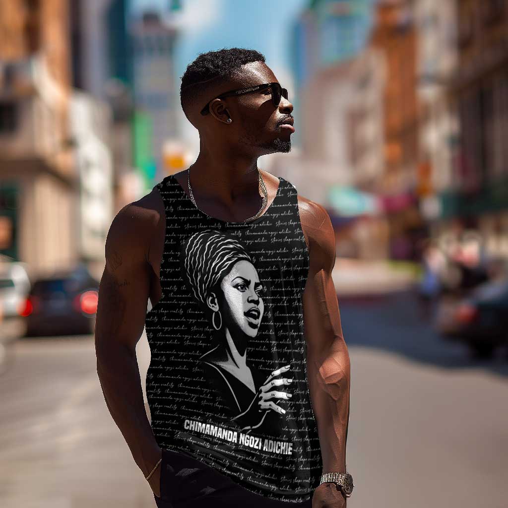 Chimamanda Ngozi Adichie Men Tank Top with Expressive Speaking Portrait, Stories Shape Reality - African Pride