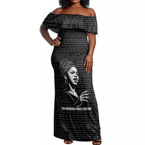 Chimamanda Ngozi Adichie Off Shoulder Maxi Dress with Expressive Speaking Portrait, Stories Shape Reality - African Pride