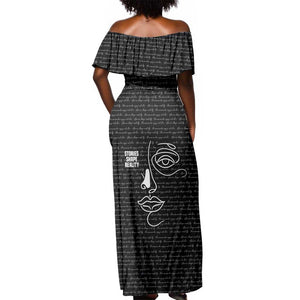 Chimamanda Ngozi Adichie Off Shoulder Maxi Dress with Expressive Speaking Portrait, Stories Shape Reality - African Pride