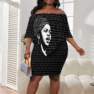 Chimamanda Ngozi Adichie Off Shoulder Short Dress with Expressive Speaking Portrait, Stories Shape Reality - African Pride