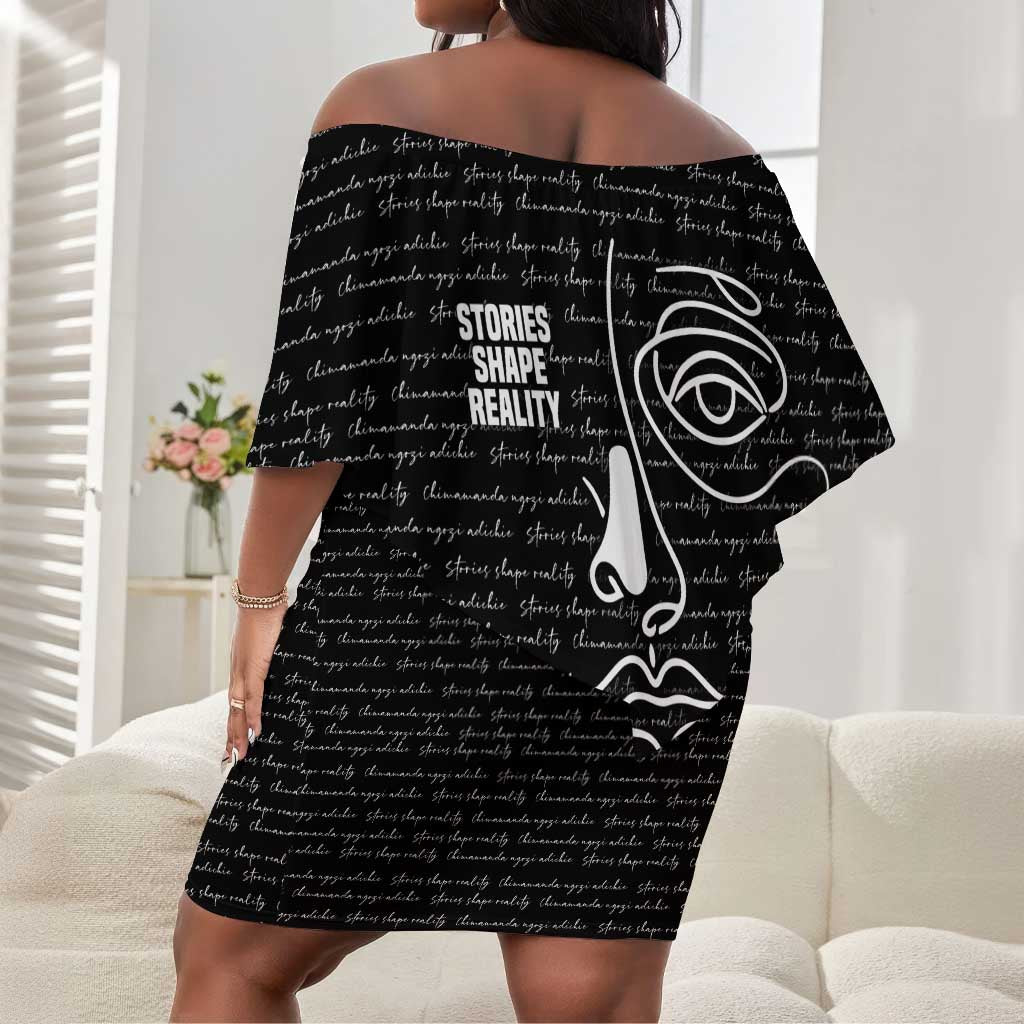 Chimamanda Ngozi Adichie Off Shoulder Short Dress with Expressive Speaking Portrait, Stories Shape Reality - African Pride