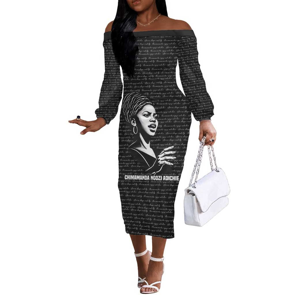 Chimamanda Ngozi Adichie Off The Shoulder Long Sleeve Dress with Expressive Speaking Portrait, Stories Shape Reality - African Pride