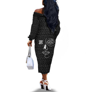 Chimamanda Ngozi Adichie Off The Shoulder Long Sleeve Dress with Expressive Speaking Portrait, Stories Shape Reality - African Pride