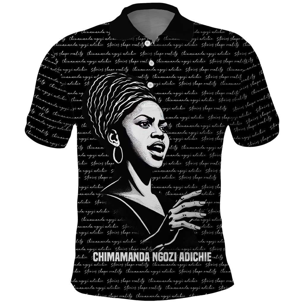 Chimamanda Ngozi Adichie Polo Shirt with Expressive Speaking Portrait, Stories Shape Reality - African Pride