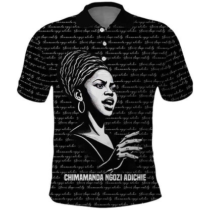 Chimamanda Ngozi Adichie Polo Shirt with Expressive Speaking Portrait, Stories Shape Reality - African Pride