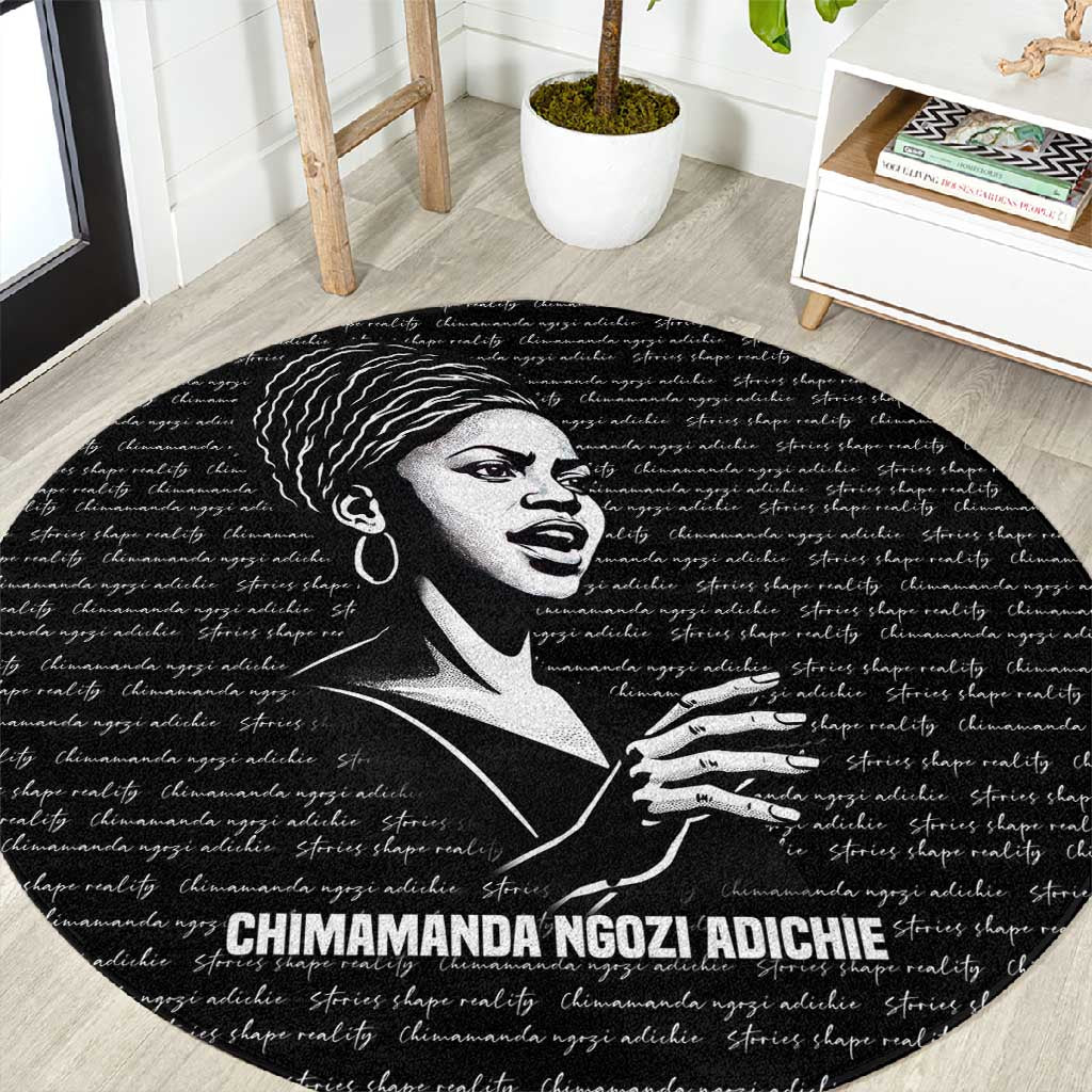 Chimamanda Ngozi Adichie Round Carpet with Expressive Speaking Portrait, Stories Shape Reality - African Pride