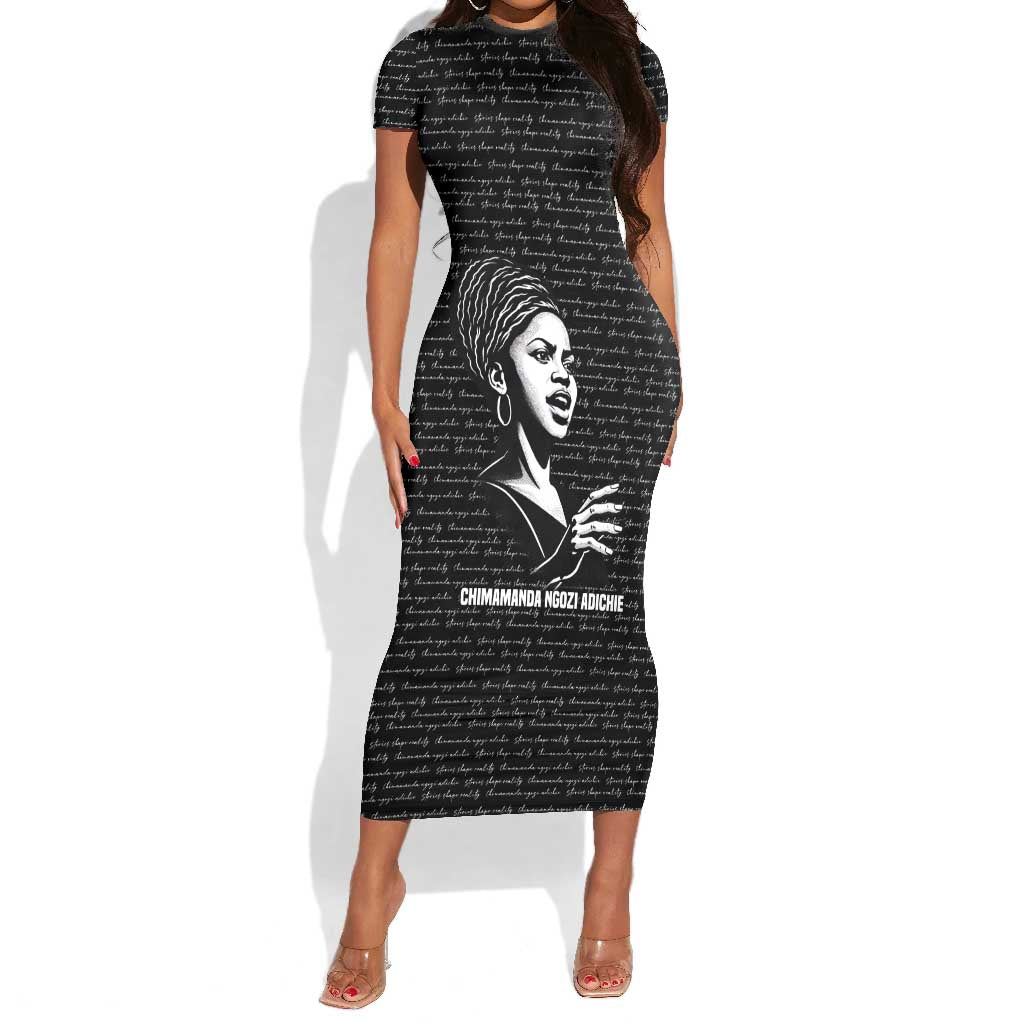 Chimamanda Ngozi Adichie Short Sleeve Bodycon Dress with Expressive Speaking Portrait, Stories Shape Reality - African Pride