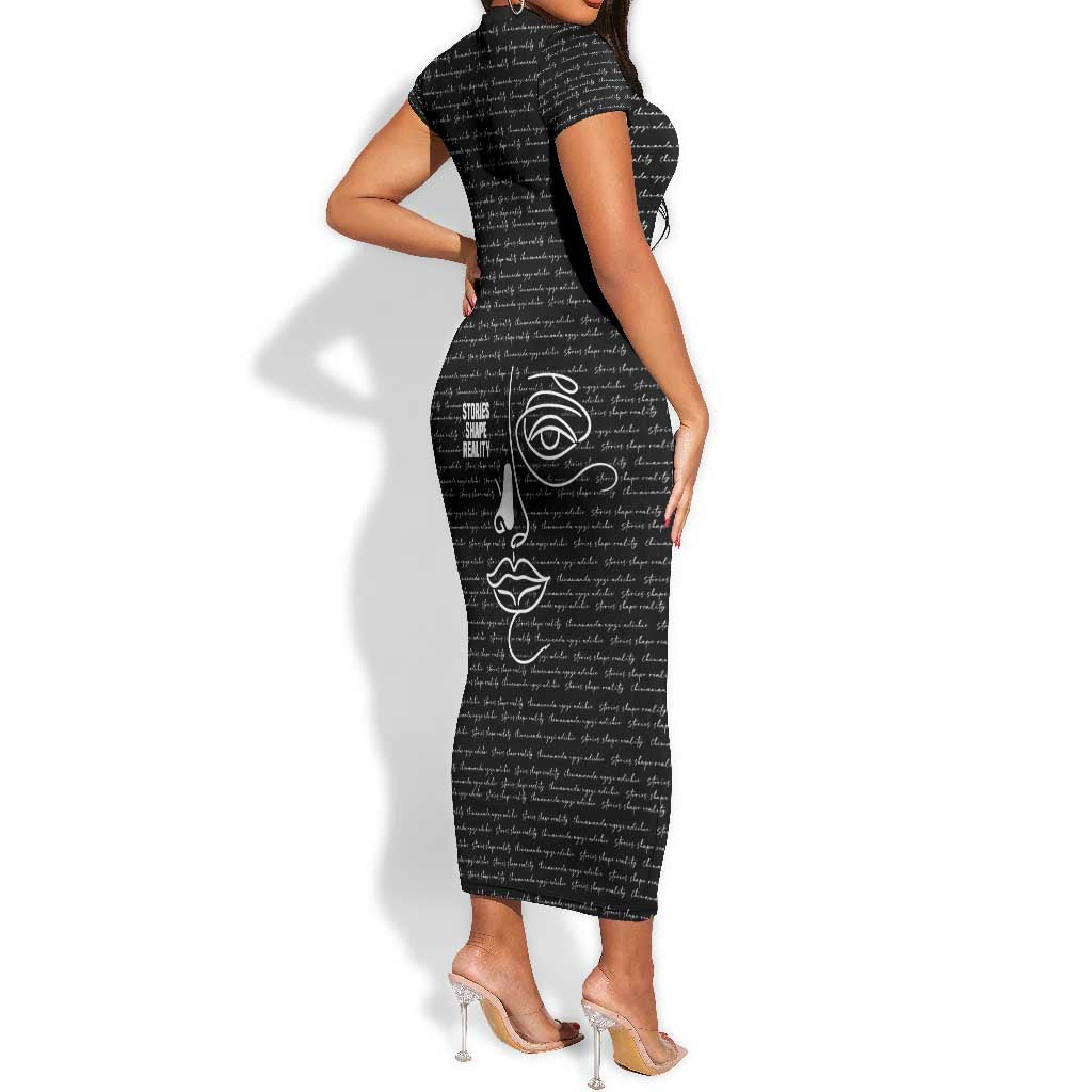 Chimamanda Ngozi Adichie Short Sleeve Bodycon Dress with Expressive Speaking Portrait, Stories Shape Reality - African Pride