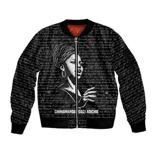 Chimamanda Ngozi Adichie Sleeve Zip Bomber Jacket with Expressive Speaking Portrait, Stories Shape Reality - African Pride