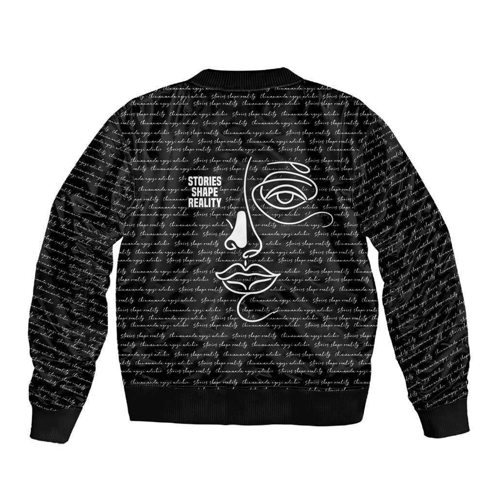 Chimamanda Ngozi Adichie Sleeve Zip Bomber Jacket with Expressive Speaking Portrait, Stories Shape Reality - African Pride