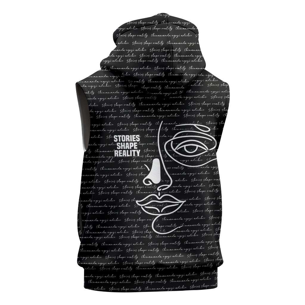 Chimamanda Ngozi Adichie Sleeveless Hoodie with Expressive Speaking Portrait, Stories Shape Reality - African Pride
