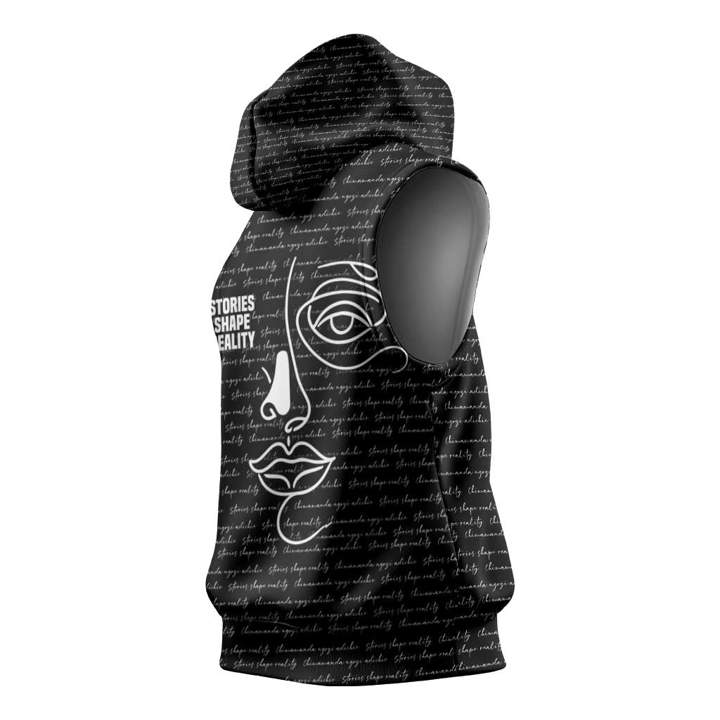 Chimamanda Ngozi Adichie Sleeveless Hoodie with Expressive Speaking Portrait, Stories Shape Reality - African Pride