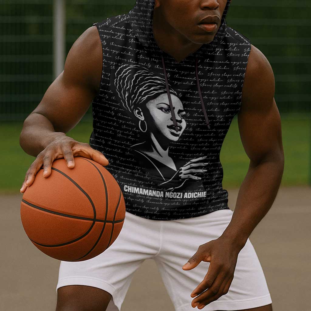 Chimamanda Ngozi Adichie Sleeveless Hoodie with Expressive Speaking Portrait, Stories Shape Reality - African Pride