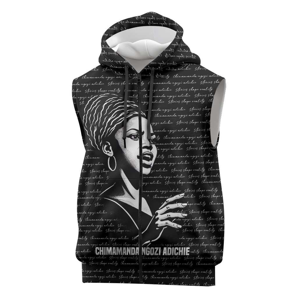 Chimamanda Ngozi Adichie Sleeveless Zip Hoodie with Expressive Speaking Portrait, Stories Shape Reality - African Pride
