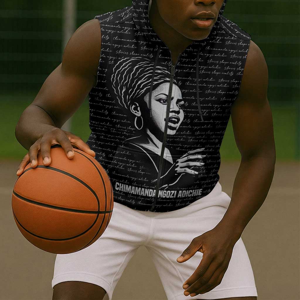 Chimamanda Ngozi Adichie Sleeveless Zip Hoodie with Expressive Speaking Portrait, Stories Shape Reality - African Pride