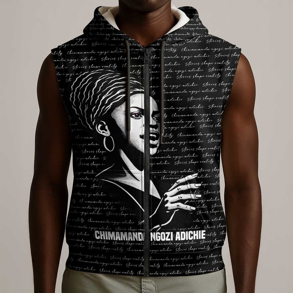Chimamanda Ngozi Adichie Sleeveless Zip Hoodie with Expressive Speaking Portrait, Stories Shape Reality - African Pride