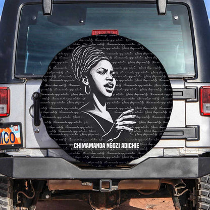 Chimamanda Ngozi Adichie Spare Tire Cover with Expressive Speaking Portrait, Stories Shape Reality - African Pride