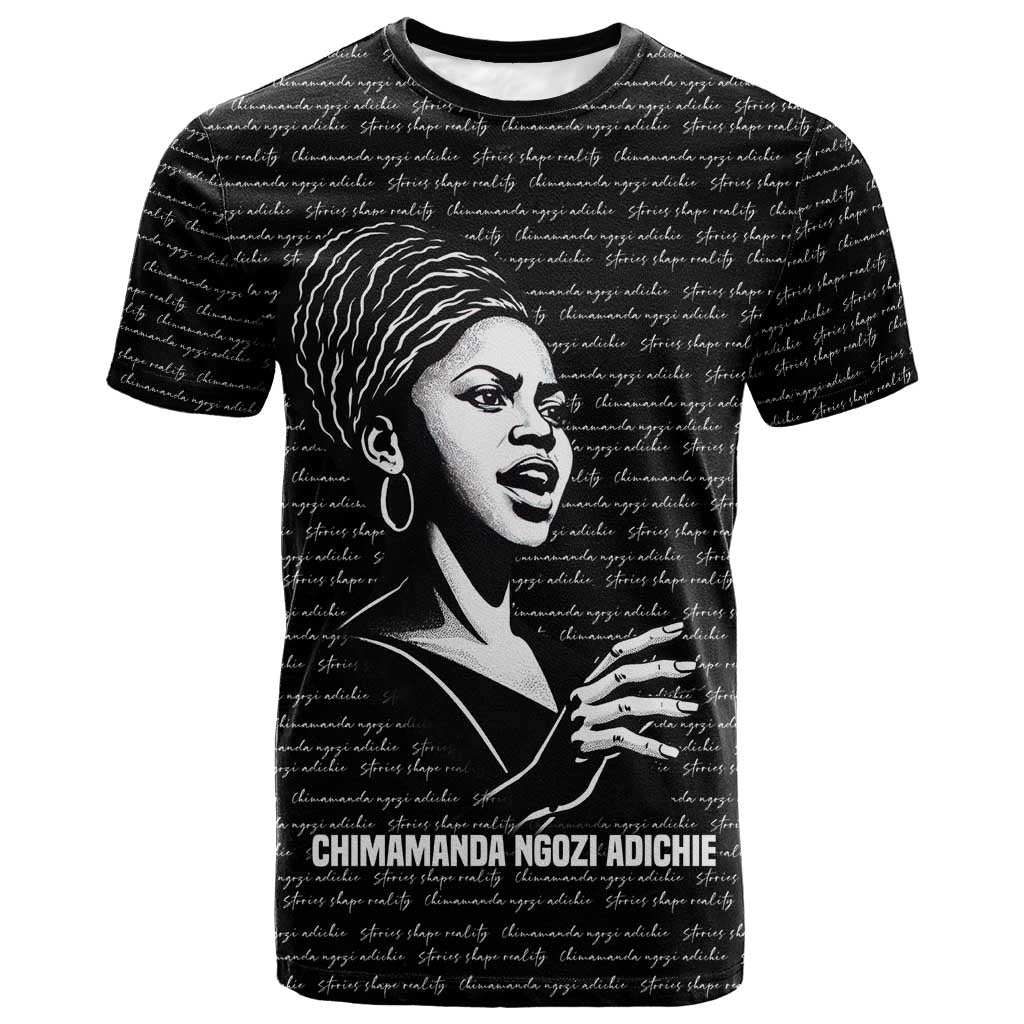 Chimamanda Ngozi Adichie T shirt with Expressive Speaking Portrait, Stories Shape Reality - African Pride