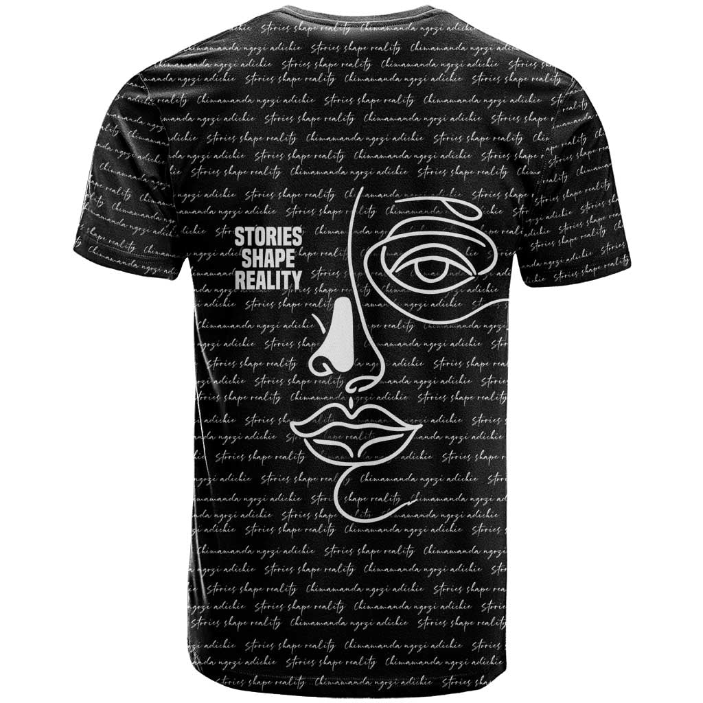 Chimamanda Ngozi Adichie T shirt with Expressive Speaking Portrait, Stories Shape Reality - African Pride