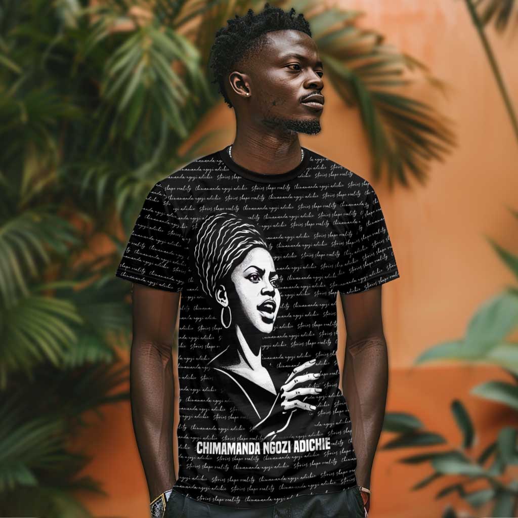 Chimamanda Ngozi Adichie T shirt with Expressive Speaking Portrait, Stories Shape Reality - African Pride