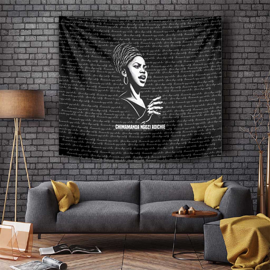 Chimamanda Ngozi Adichie Tapestry with Expressive Speaking Portrait, Stories Shape Reality - African Pride