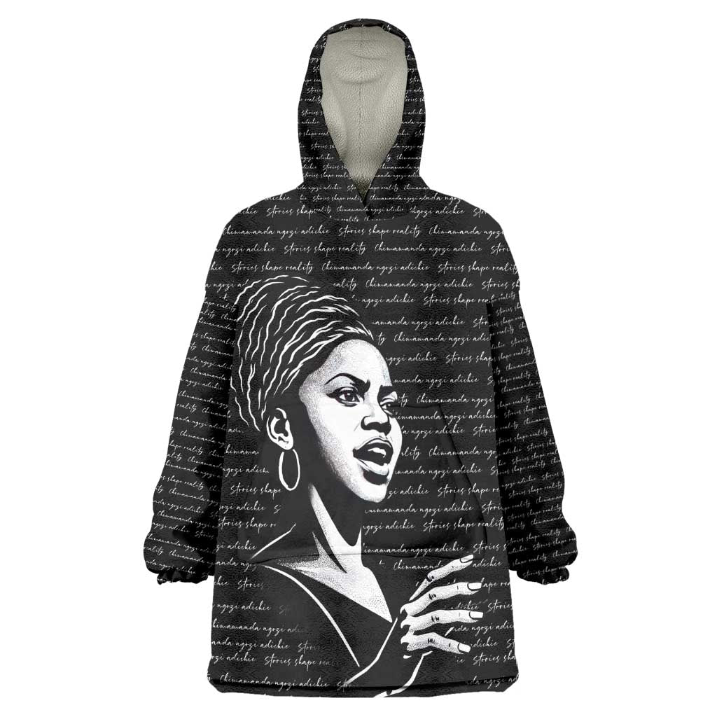 Chimamanda Ngozi Adichie Wearable Blanket Hoodie with Expressive Speaking Portrait, Stories Shape Reality - African Pride